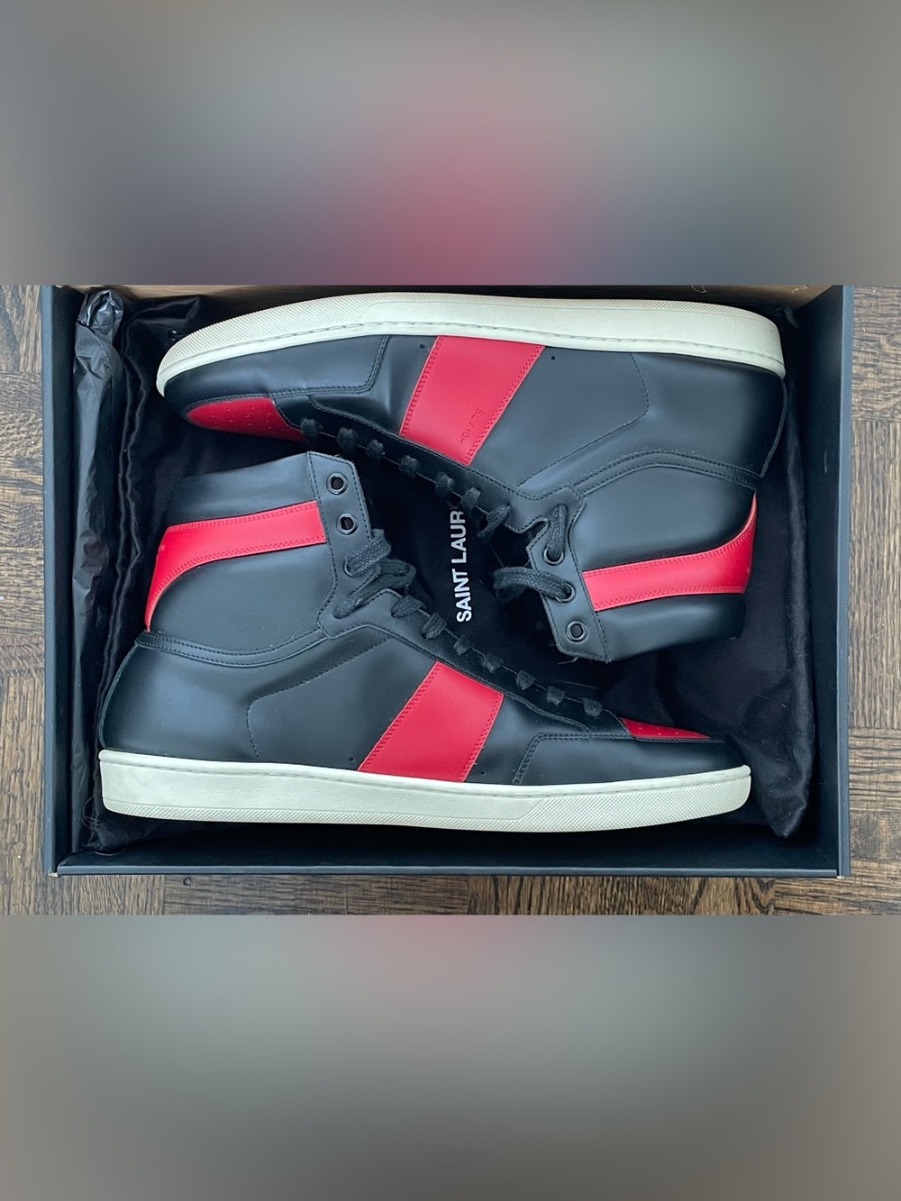 Saint Laurent Black Leather Sneakers with Red Accents